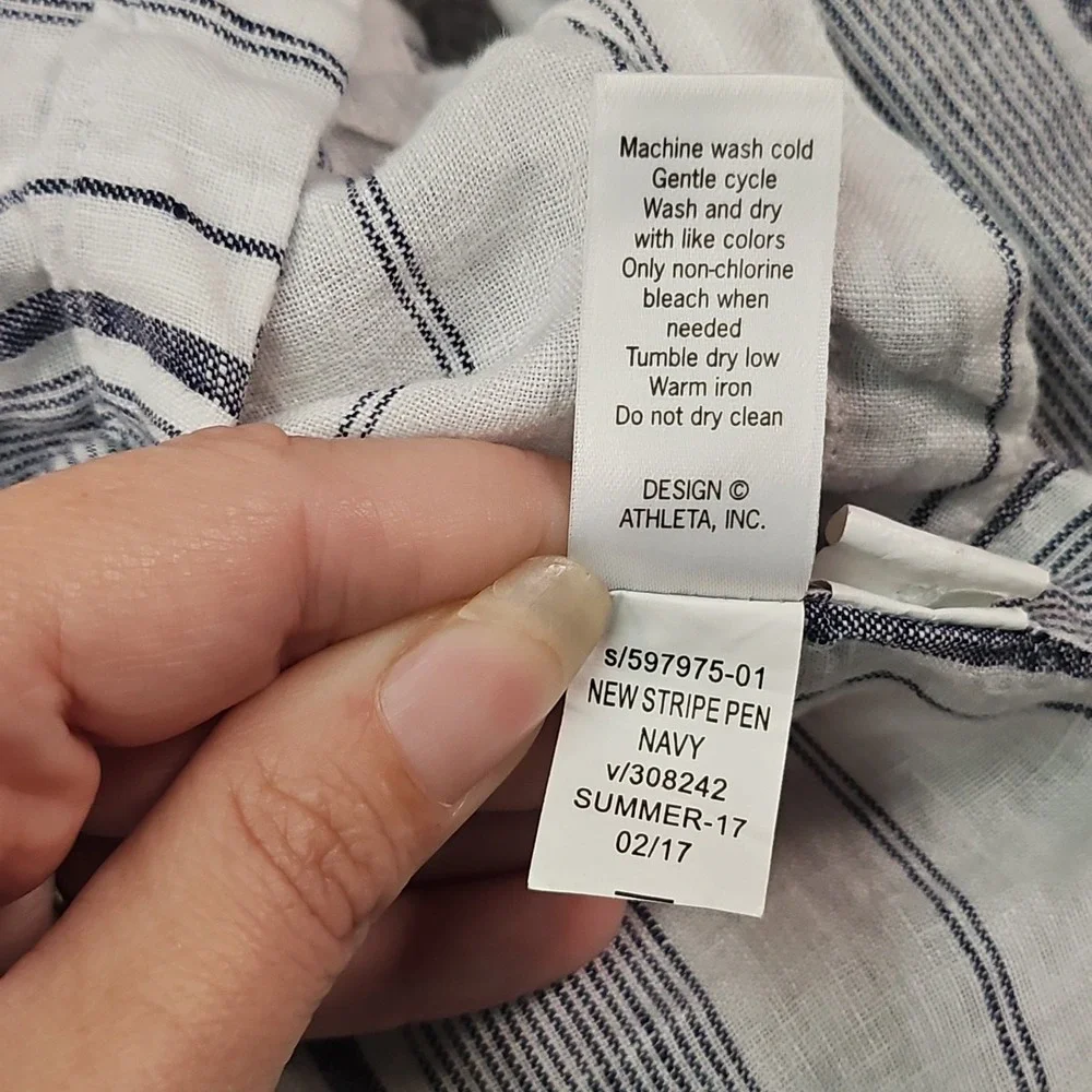 Athleta Shirt Womens XS White 100% Linen Striped Roll Tab L/S Top Coastal Beach‎